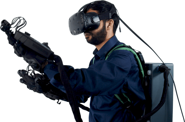 Person wearing a VR headset with advanced VR gloves