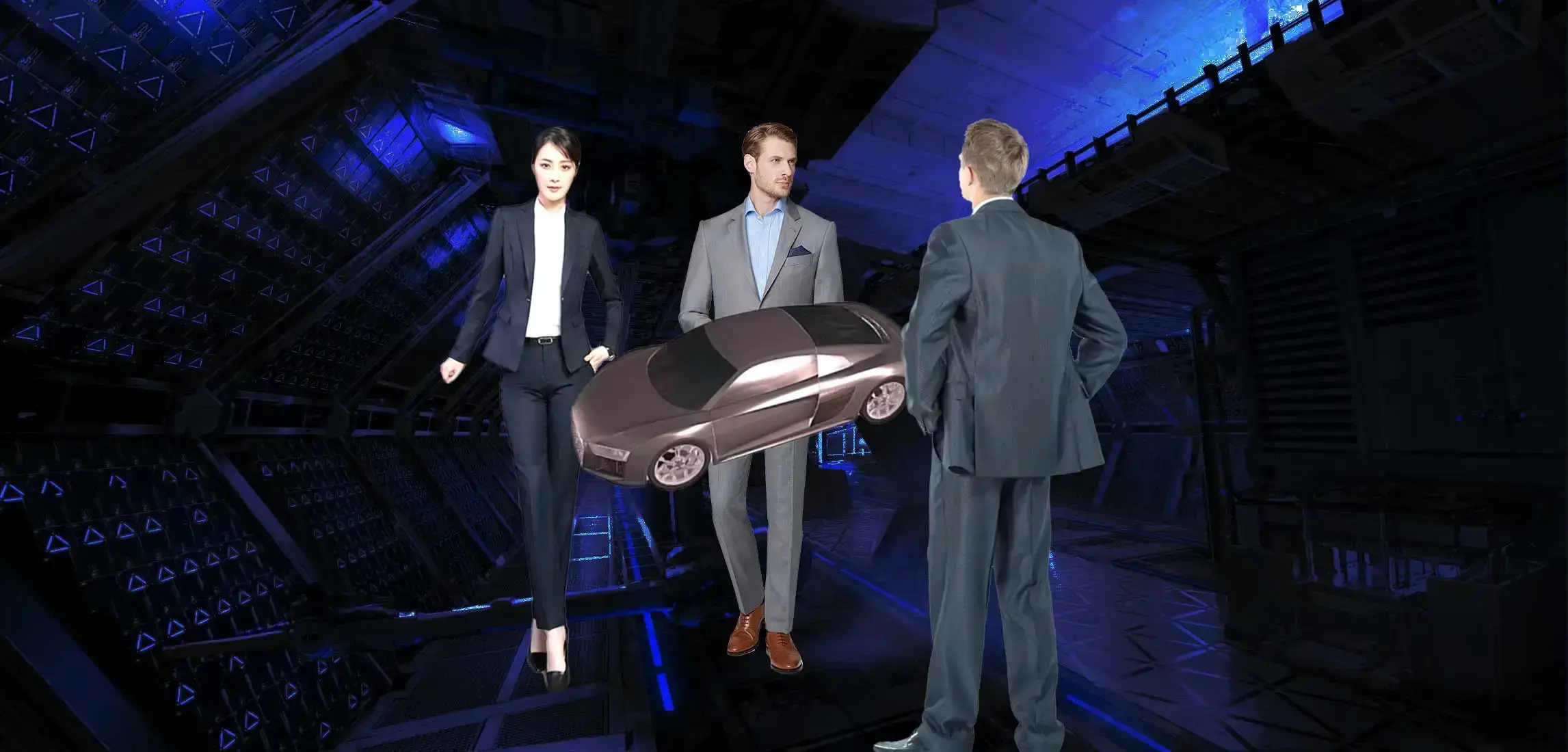 A Hologram of a car surrounded by 3 people in a digital world