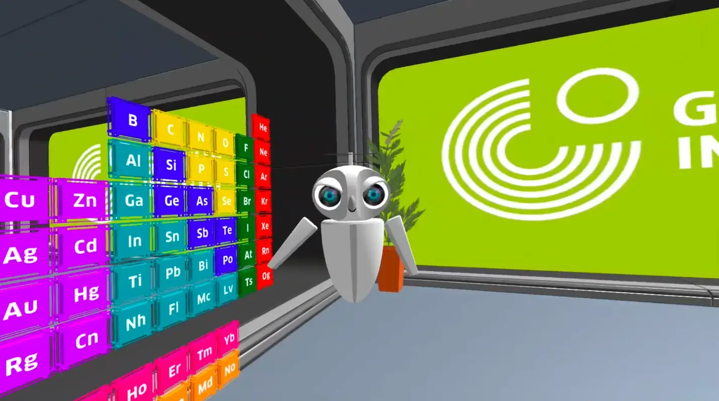 Geothe VR Game in-game footage of a robot in front of a periodic table