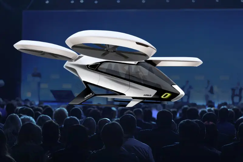 concept art of futuristic helicopter hologram over a crowd of people