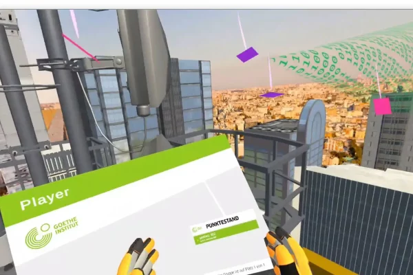 Geothe VR Game in-game footage of a 5G tower with a view of the city skyline